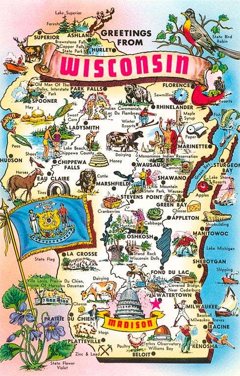 Tourist Map of Wisconsin Post Card