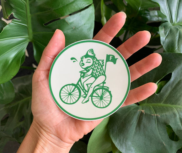Feminist Fish Riding Bicycle Sticker