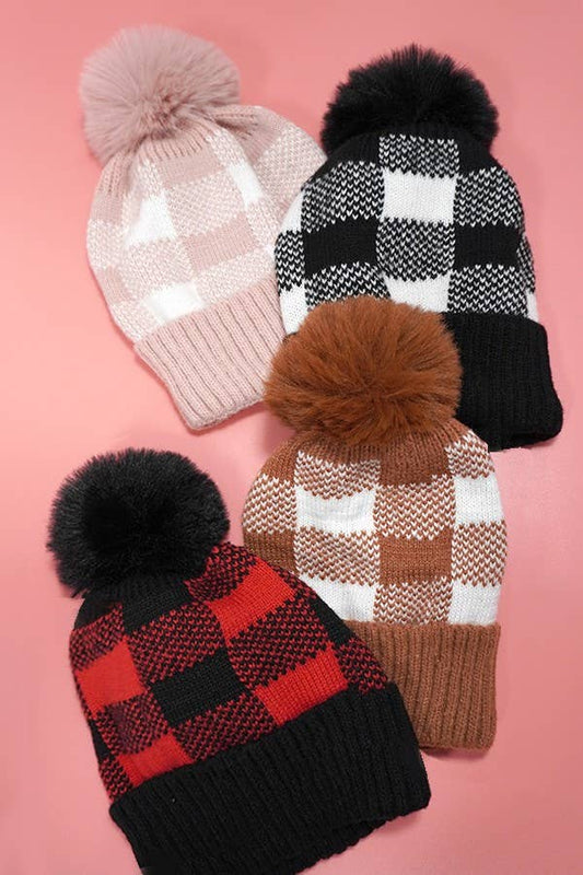 Checker Pom Pom Beanie Hat