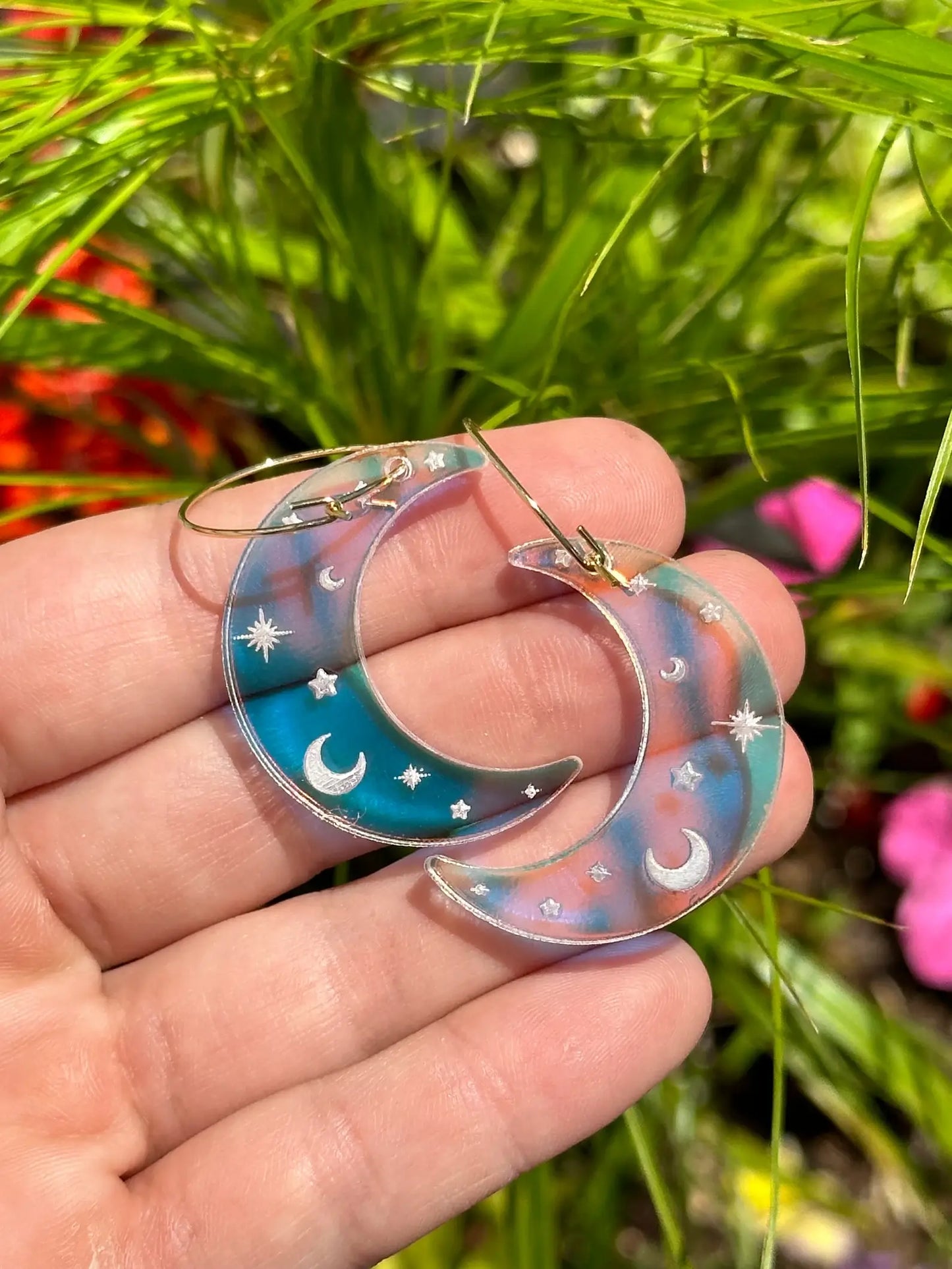 Iridescent Acrylic Celestial Moon Hoops