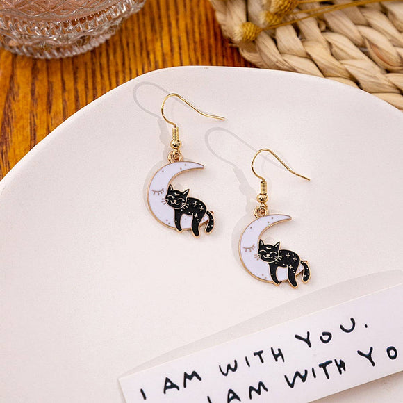 Sleepy Cat Moon Earrings