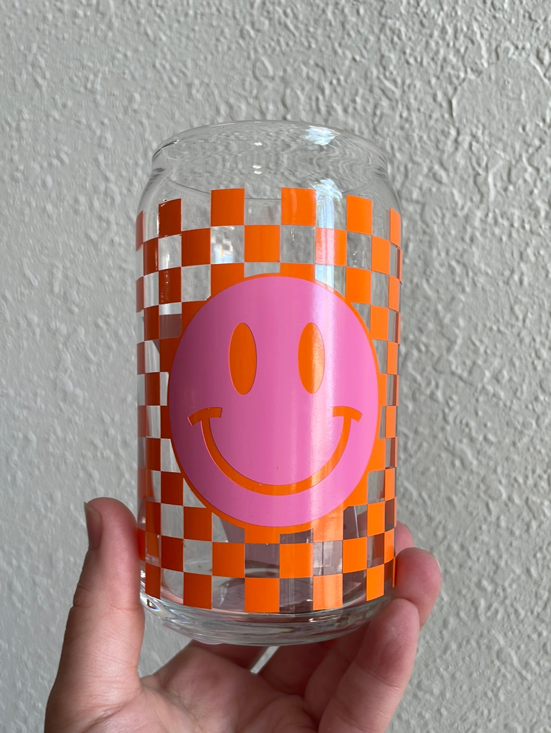 Smiley Face Checkered Can Glass Cup