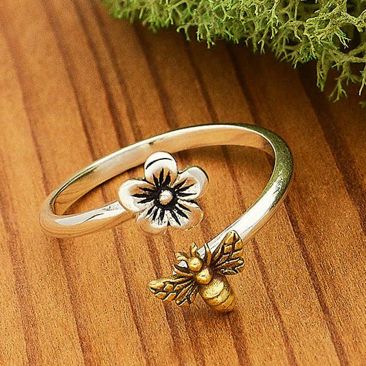 Flower and Bee Sterling Silver Adjustable Ring