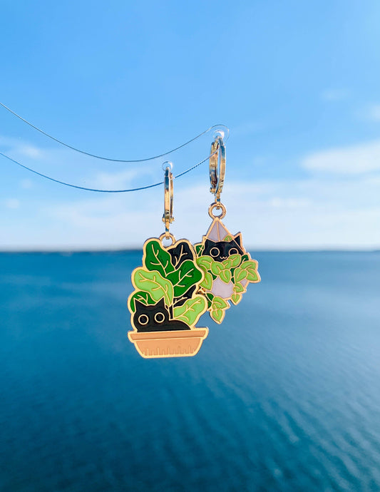 Cat and Plant Huggie Earrings