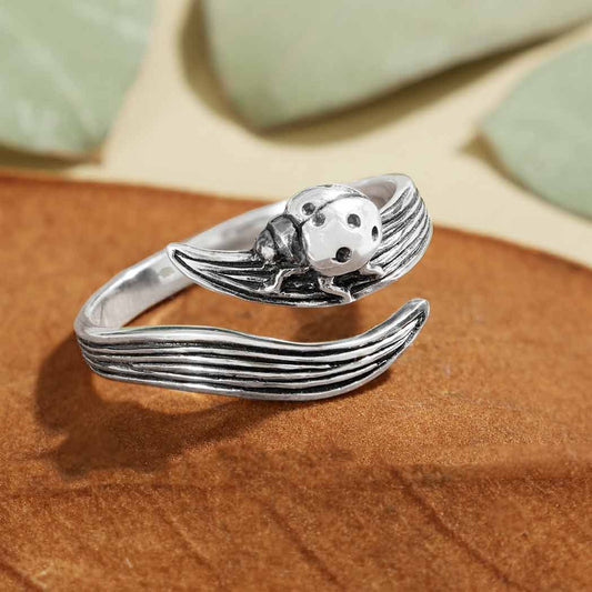 Leaf and Ladybug Sterling Silver Adjustable Ring