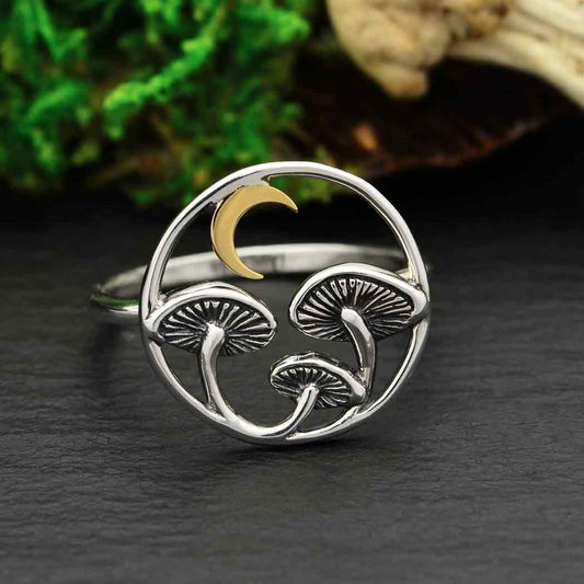 Mushroom Sterling Silver Ring with Bronze Moon