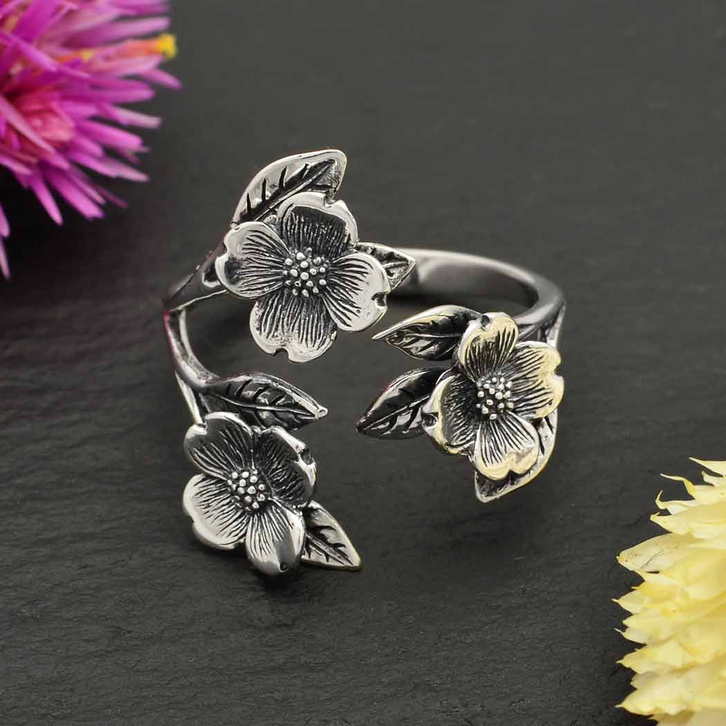 Dogwood Flower and Leaf Sterling Silver Adjustable Ring