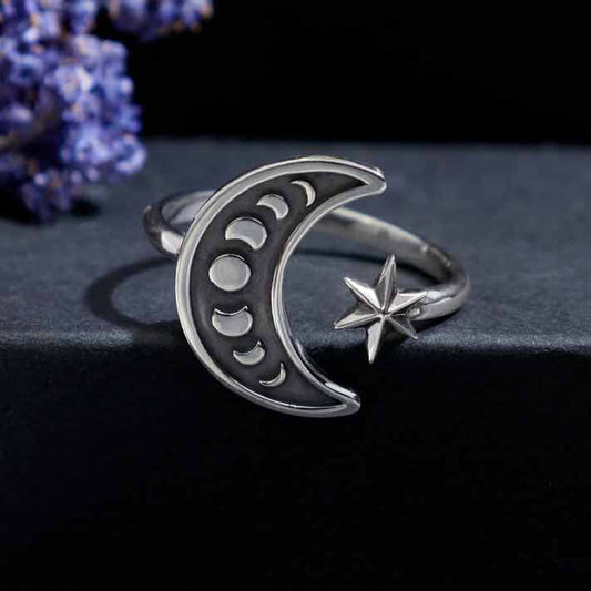 Moon Phase Sterling Silver Adjustable Ring